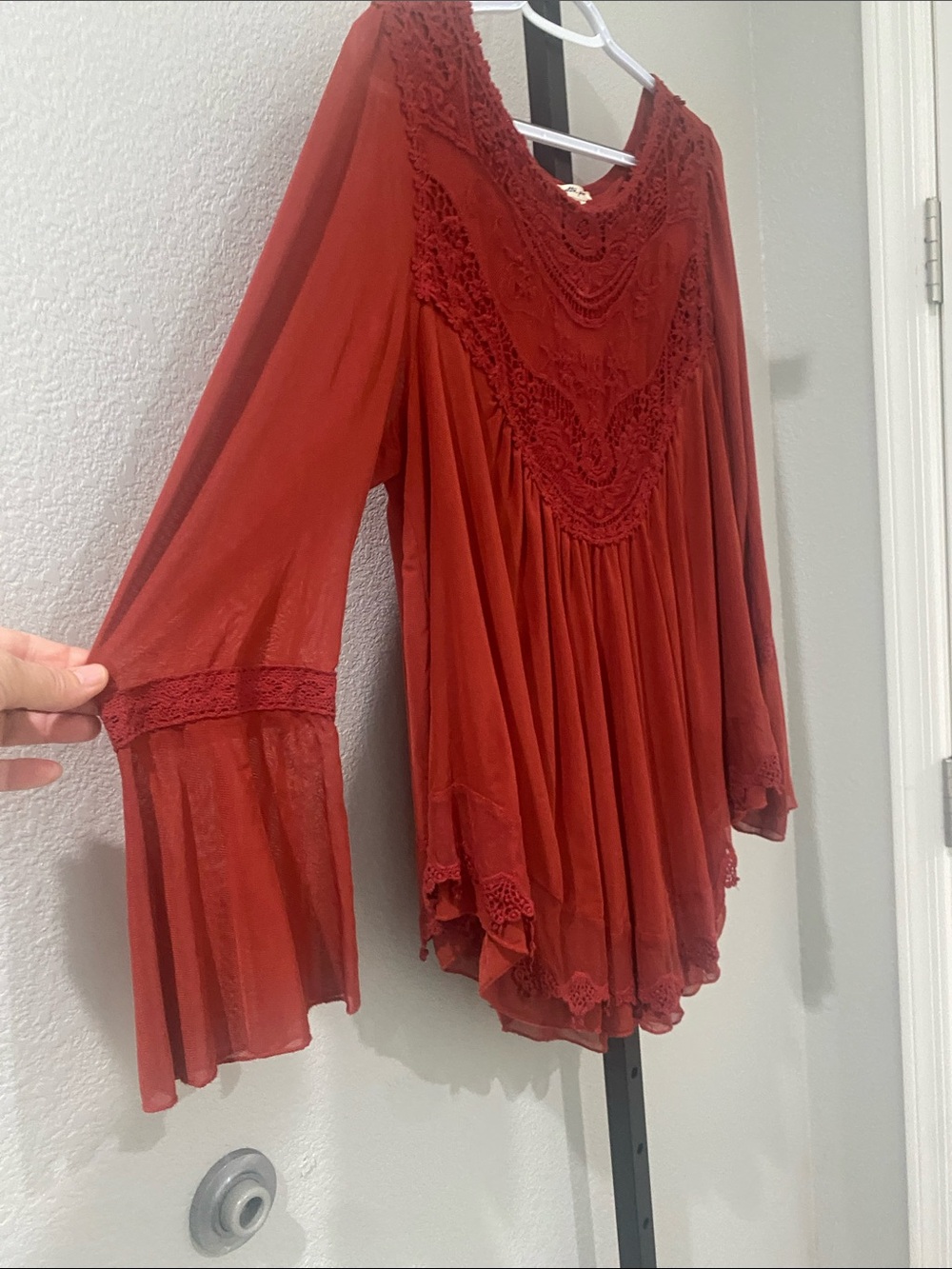 Ultra Pink Rust Red Lace Yoke Tunic Top xl - Picture 6 of 7